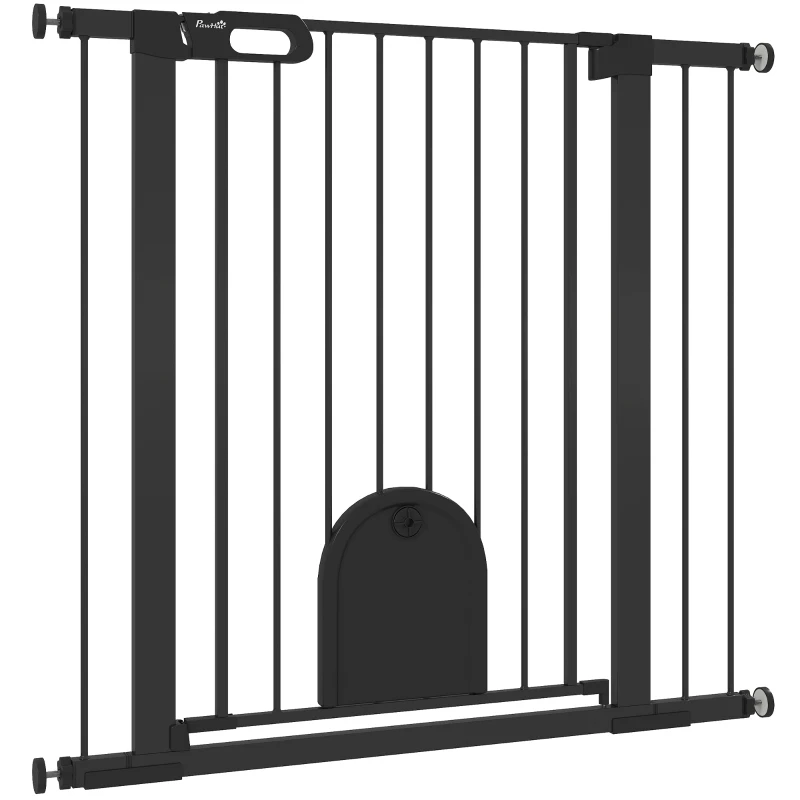 PawHut 30"-41" Extra Wide Pet Gate Barrier with Small Door, 35"H Dog Gate with Safety Gate Barrier, Stair Pressure Fit, Black