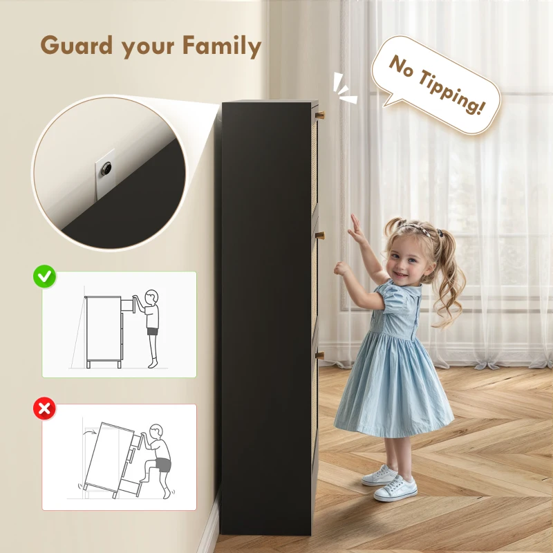 HOMCOM Rattan Shoe Storage Cabinet with 3 Flip Drawers and Adjustable Shelves, Entryway Shoe Cabinet for 18 Pairs, Black