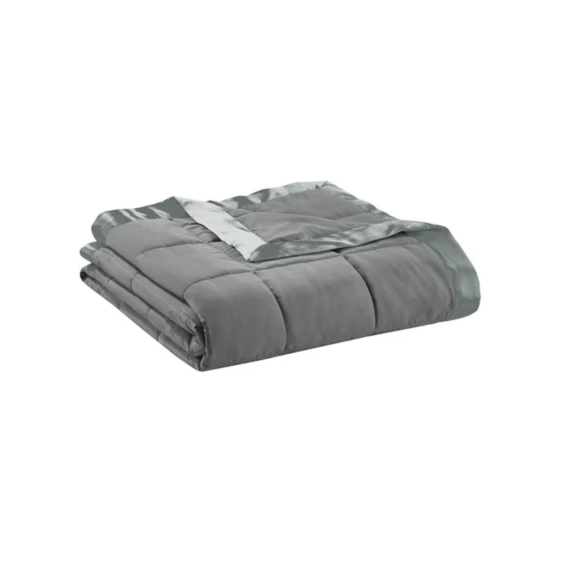 Twin Size Lightweight Down Alternative Blanket with Satin Trim, Hypoallergenic Polyester, Machine Washable, 90" L x 68" W x 0.25" H, Charcoal