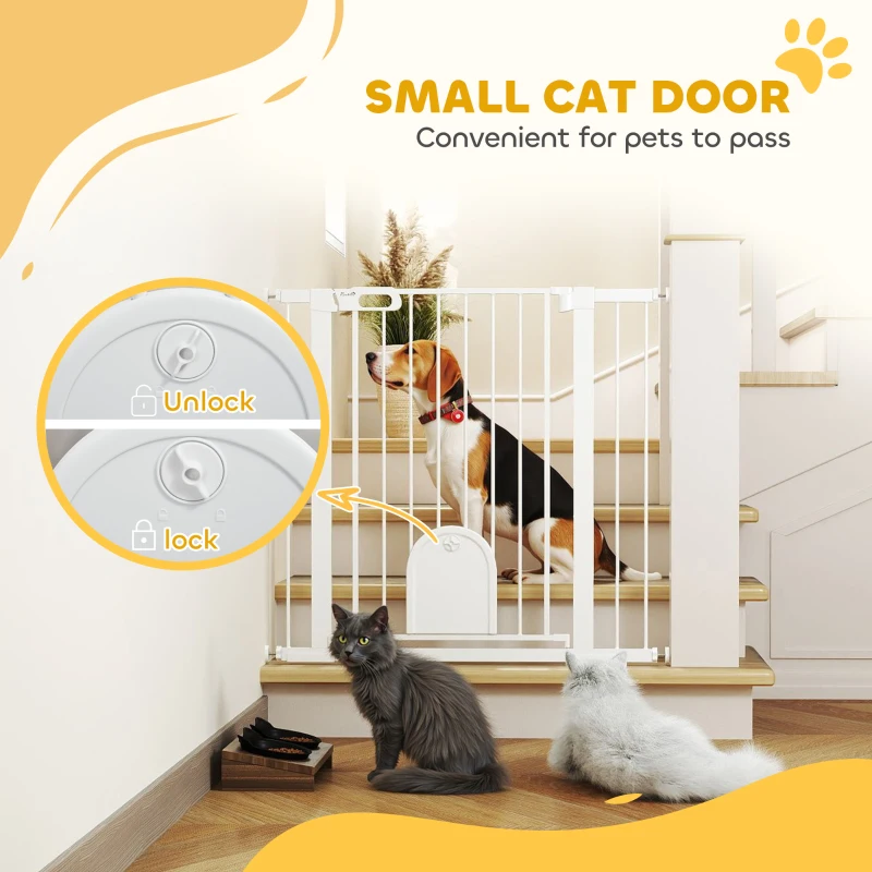 PawHut 30"-41" Extra Wide Pet Gate Barrier with Small Door, 35"H Dog Gate with Safety Gate Barrier, Stair Pressure Fit, White