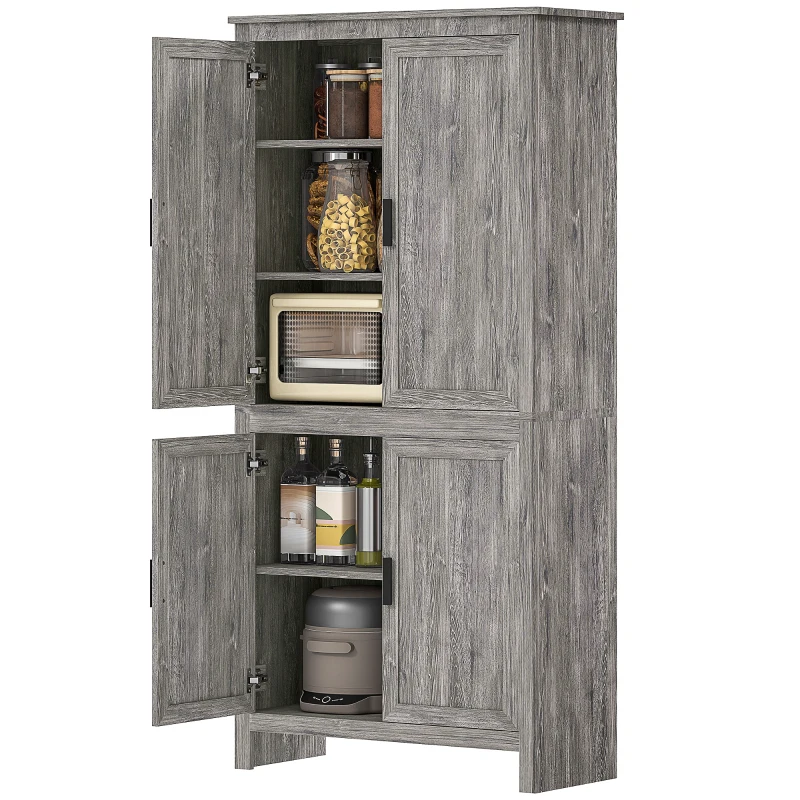 HOMCOM 64" Kitchen Pantry Cabinet, Freestanding Storage Cabinet with 4 Doors, 3 Adjustable Shelves, Charcoal Grey