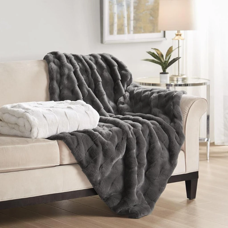 Luxurious Faux Fur Throw Blanket with Crystal Velvet Reverse, Basketweave Texture, Perfect for Any Decor, 60" L x 50" W x 0.25" H, Gray