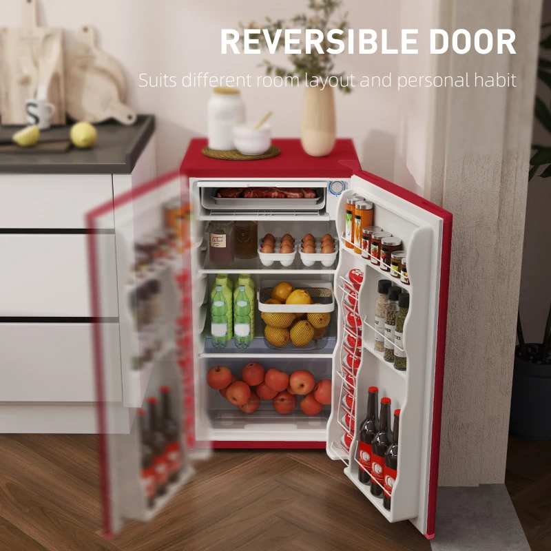 HOMCOM 3.2 Cu.Ft Mini Fridge with Freezer, Single Door Compact Refrigerator with Adjustable Thermostat, Reversible Door, Red