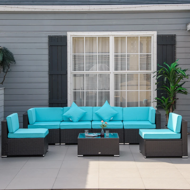 Outsunny 7 Pieces Patio Sofa Outdoor Wicker Sectional Patio Furniture, Deep Coffee & Light Blue