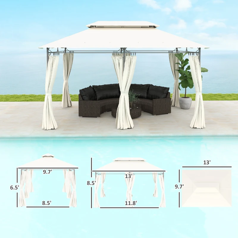 Outsunny 10' x 13' Double Roof Patio Gazebo, Outdoor Gazebo with Curtains, for Garden, Lawn, Backyard and Deck, Cream White