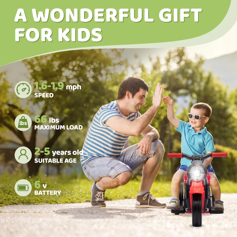 Qaba Ride On Motorcycle, 6V Ride on Bubble Car, 3 Wheeled Electric Motorcycle for Kids w/ LED Headlight, Music, Red