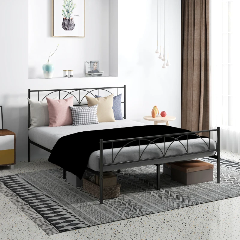 HOMCOM Metal Queen Platform Bed Frame with Headboard, Steel Slat Support, Underbed Storage, No Box Spring Needed, Easy Assembly