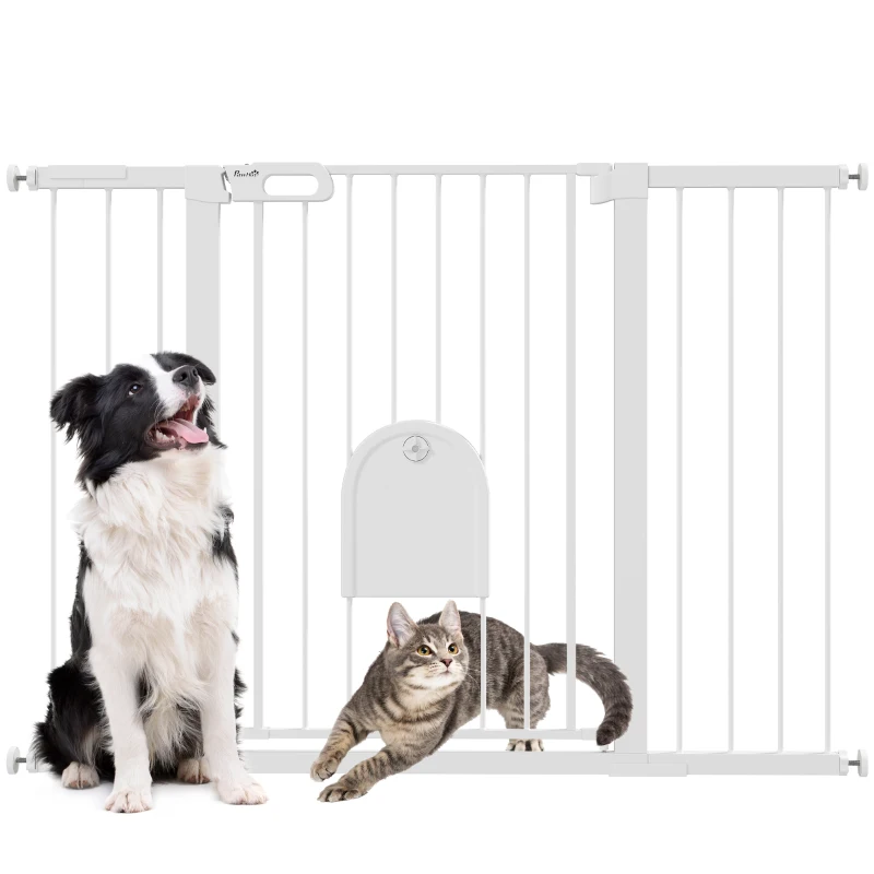 PawHut 30"-52" Extra Wide Pet Gate Barrier with Small Door, 35"H Dog Gate with Safety Gate Barrier, Stair Pressure Fit, Black