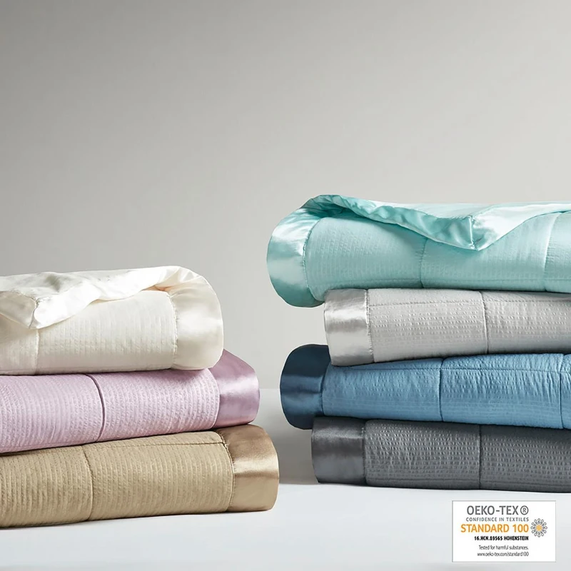 Machine Washable Down Alternative Blanket with Satin Trim, Hypoallergenic Fllling, OEKO-TEX Certified, 96" L x 90" W x 0.25" H, Blue