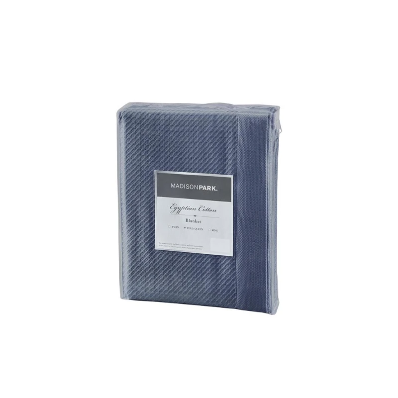 King Size Egyptian Cotton Bedding Blanket with Breathable Weave, OEKO-TEX Certified, Machine Washable Coverlet, 108" L x 90" W x 0.25" H, Blue