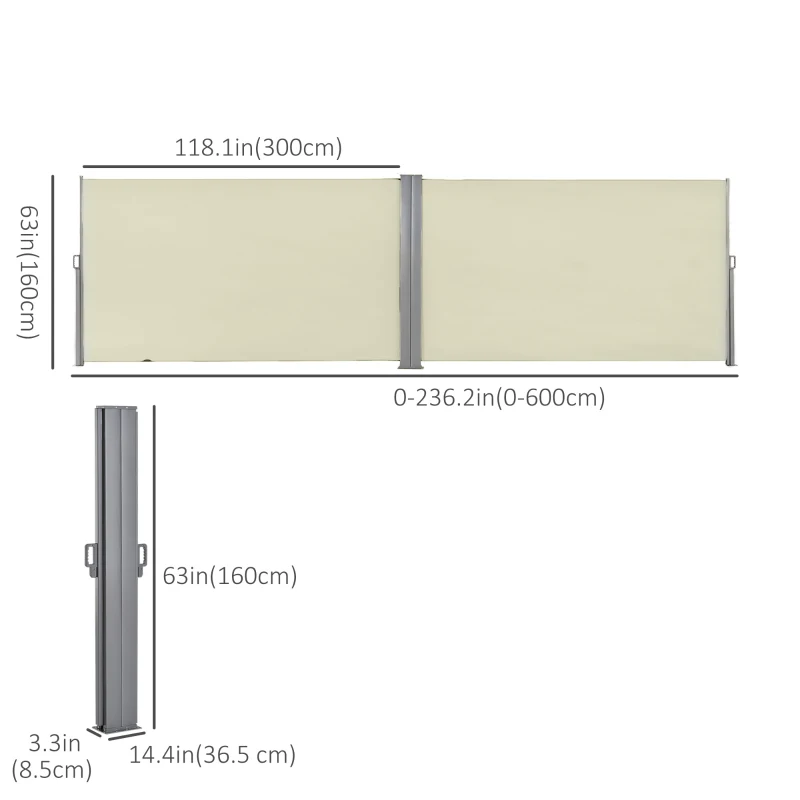 Outsunny 236" x 63" Outdoor Privacy Wall, Double Retractable Side Awning, Patio Screen for Garden, Balcony, Backyard, Cream White