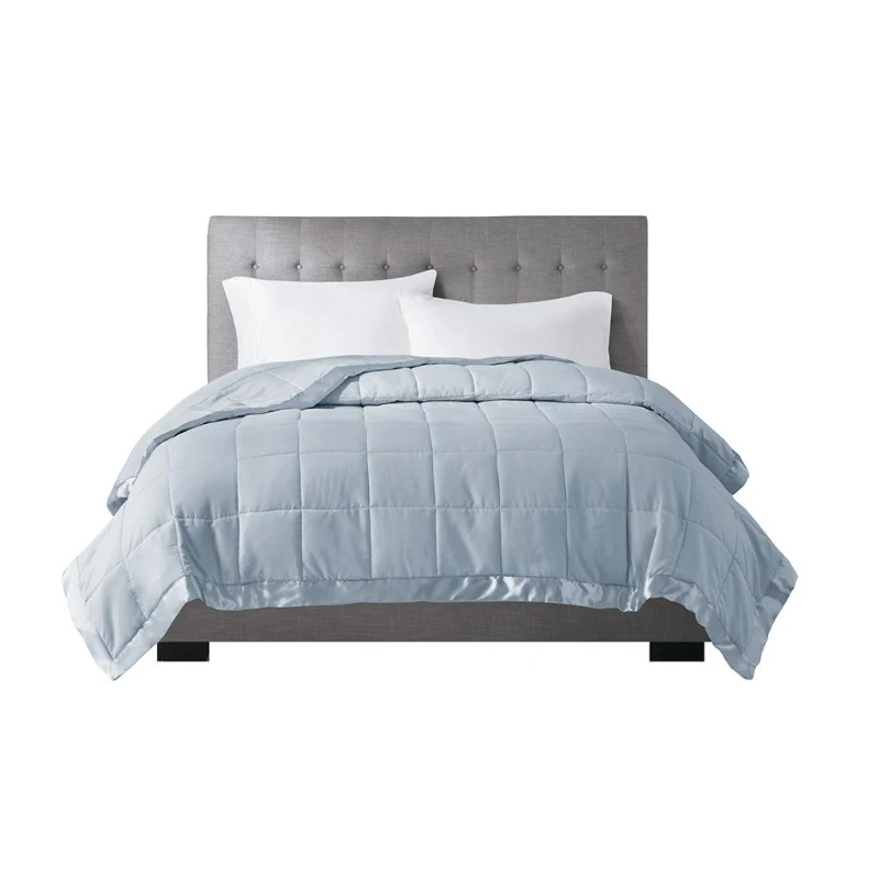 King Size Lightweight Down Alternative Blanket with Satin Trim, Hypoallergenic Polyester, Machine Washable, 108" L x 90" W x 0.25" H, Blue
