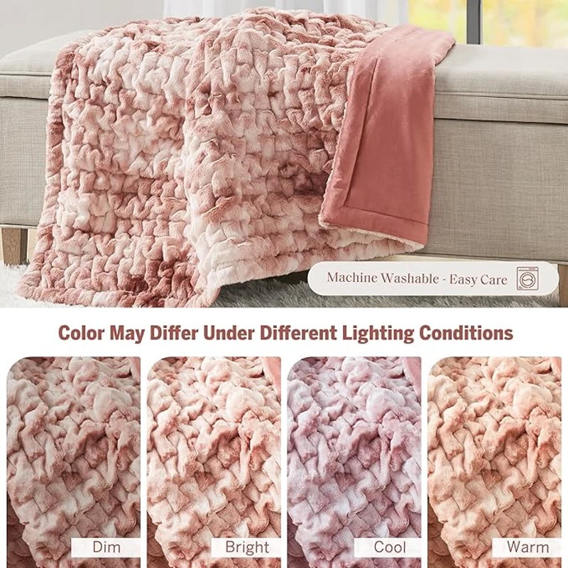 Machine Washable Ruched Faux Fur Throw Blanket with Tie Dye Design, Knife Edge, Ideal for Any Living Space, 60&quot; L x 50&quot; W x 0.5&quot; H, Multicolor