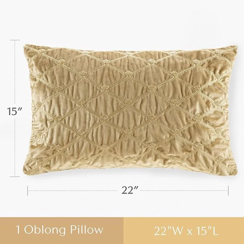 Oblong Decor Pillow with Hand-Beaded Embellishments, Velvet Cover, Removable Goose Feather Insert, 22" L x 15" W x 5" H, Gold