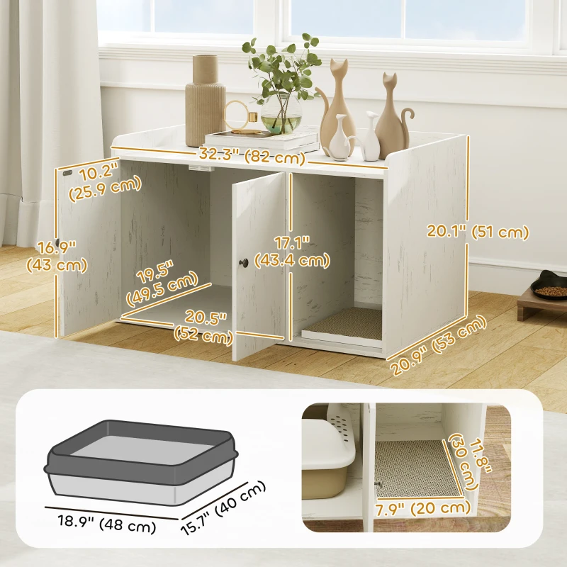 PawHut 32" Cat Litter Box Enclosure with Scratching Mat, Cat Entrance, Fit Most of Cat and Litter Box, Distressed White