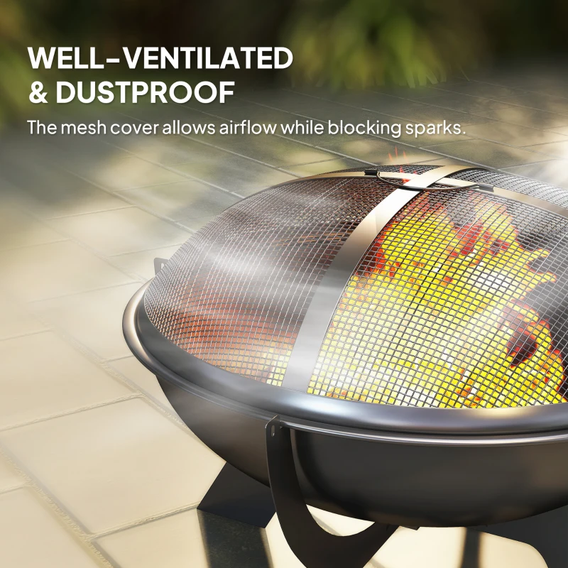 Outsunny Outdoor Round Fire Pit with Lid, Wood Burning Firepit for Outside with Fire Poker, Portable Fireplace for Bonfire, Black