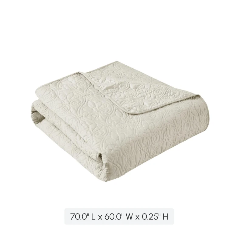 Oversized Quilted Throw Blanket with Soft Cotton Filling, Classic Stitch Pattern, Machine Washable, 70" L x 60" W x 0.25" H, Ivory