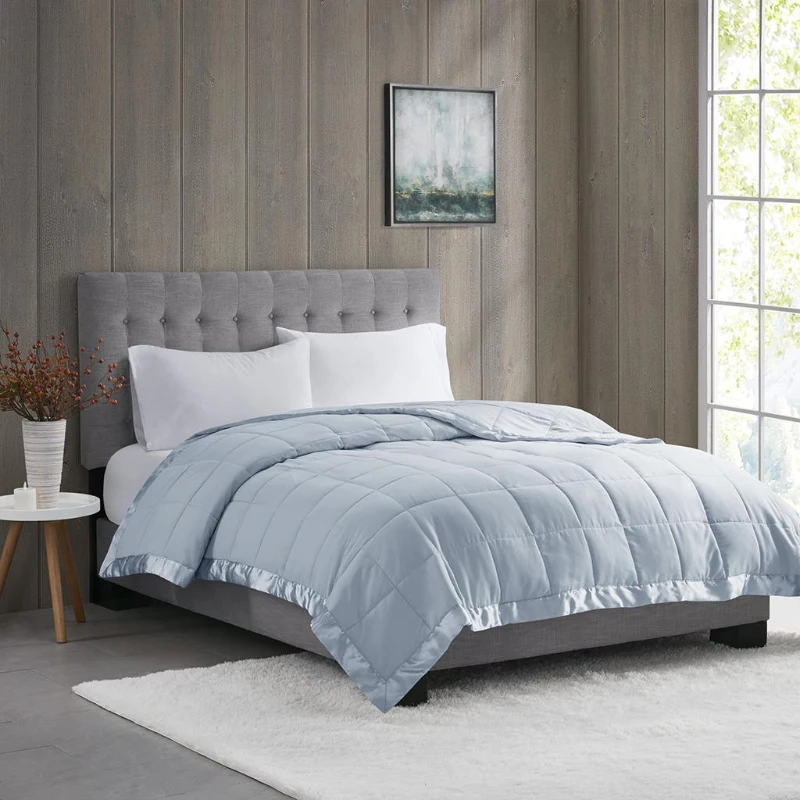 King Size Lightweight Down Alternative Blanket with Satin Trim, Hypoallergenic Polyester, Machine Washable, 108" L x 90" W x 0.25" H, Blue