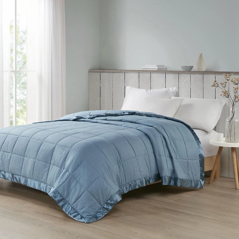 Machine Washable Down Alternative Blanket with Satin Trim, Hypoallergenic Fllling, OEKO-TEX Certified, 96" L x 90" W x 0.25" H, Blue