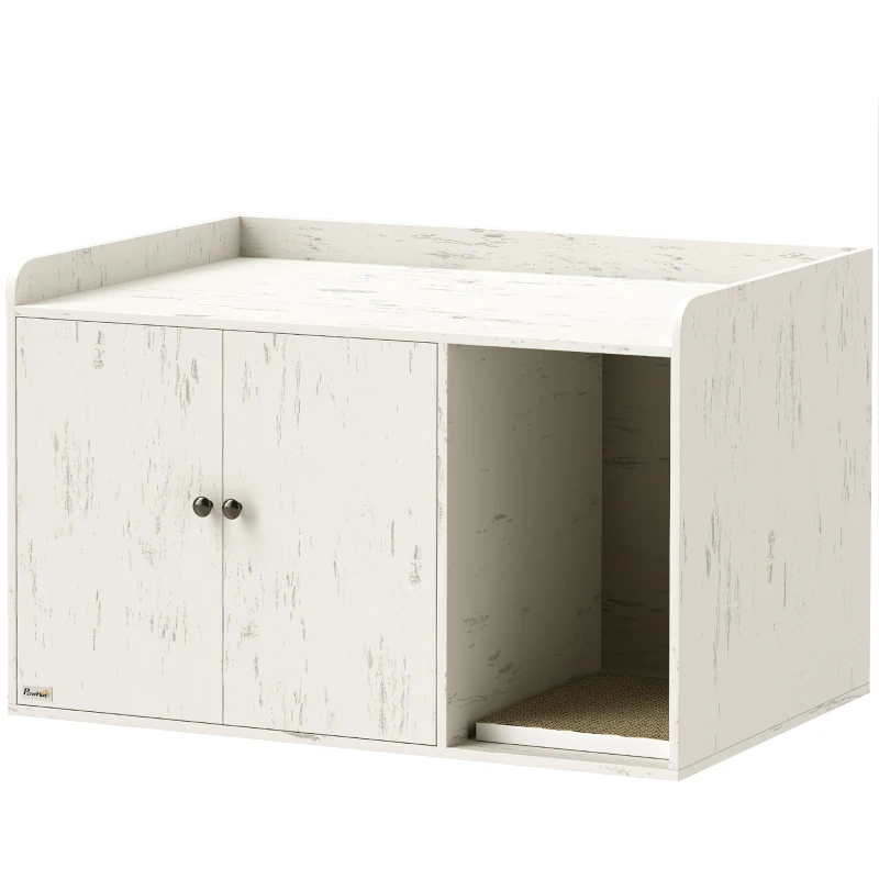 PawHut 32" Cat Litter Box Enclosure with Scratching Mat, Cat Entrance, Fit Most of Cat and Litter Box, Distressed White