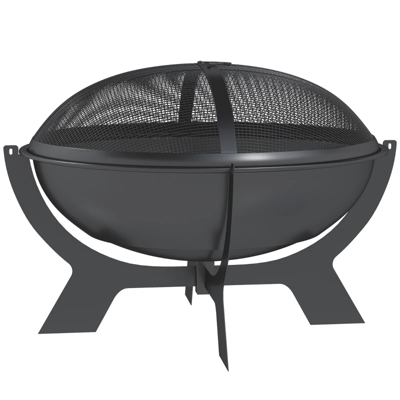 Outsunny Outdoor Round Fire Pit with Lid, Wood Burning Firepit for Outside with Fire Poker, Portable Fireplace for Bonfire, Black