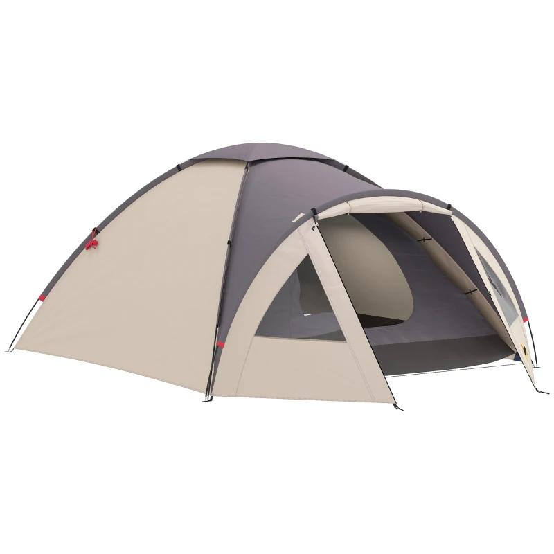 Outsunny 3 Person Camping Tent, Waterproof Family Dome Tent with Bedroom, Porch, Sewn-in Groundsheet and Hook, Khaki