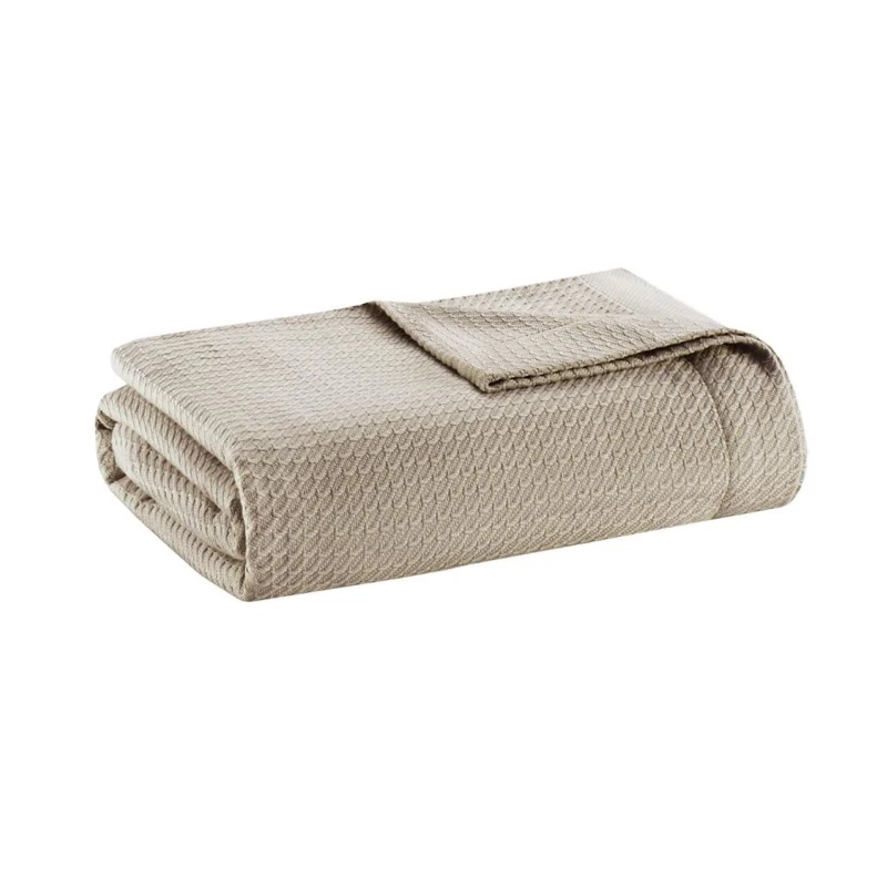 Full/Queen Size Egyptian Cotton Blanket with Breathable Weave, OEKO-TEX Certified, Ideal for Any Home Decor, 90" L x 90" W x 0.25" H, Khaki