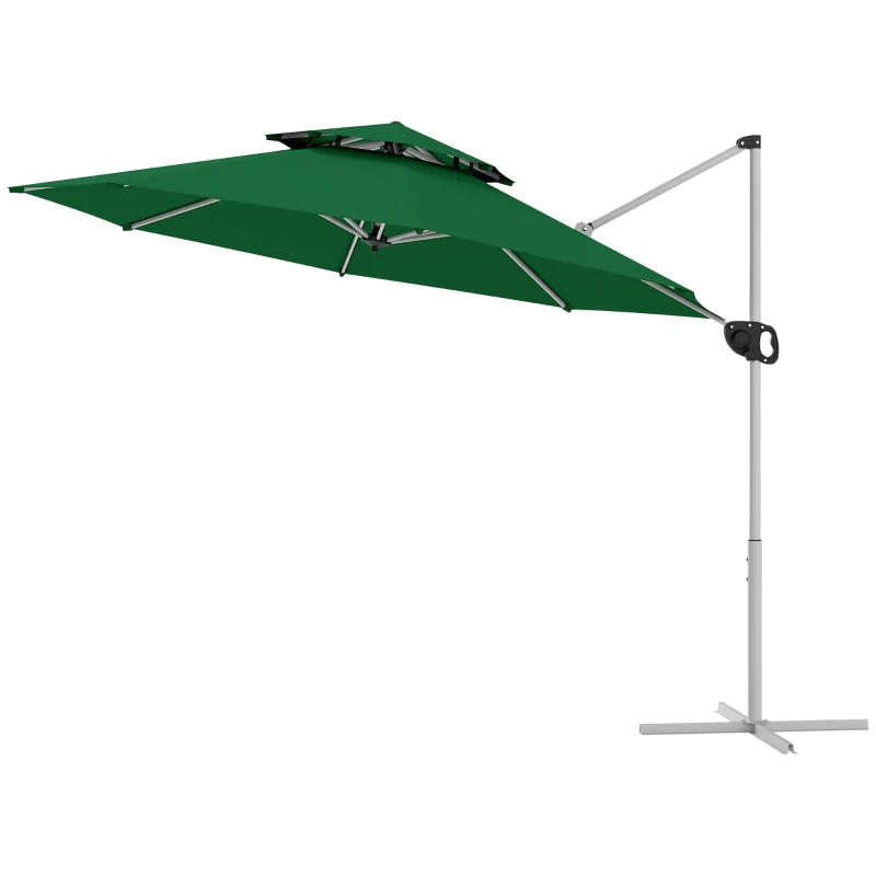 Outsunny 10 FT Cantilever Patio Umbrella with 360° Rotation & Adjustable Height, Cross Base, Crank and Tilt, Dark Green