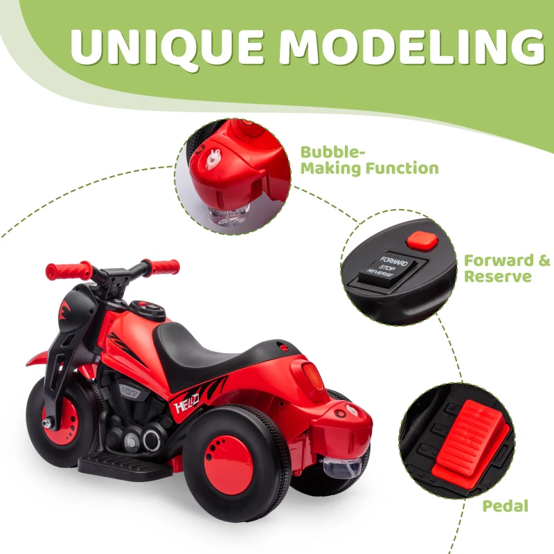 Qaba Ride On Motorcycle, 6V Ride on Bubble Car, 3 Wheeled Electric Motorcycle for Kids w/ LED Headlight, Music, Red
