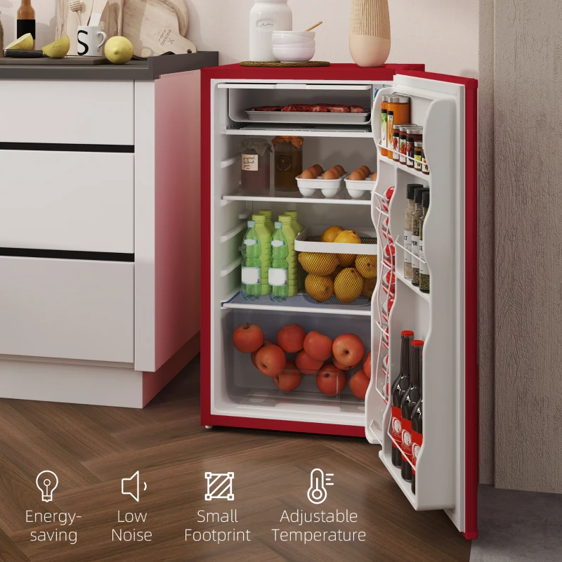 HOMCOM 3.2 Cu.Ft Mini Fridge with Freezer, Single Door Compact Refrigerator with Adjustable Thermostat, Reversible Door, Red