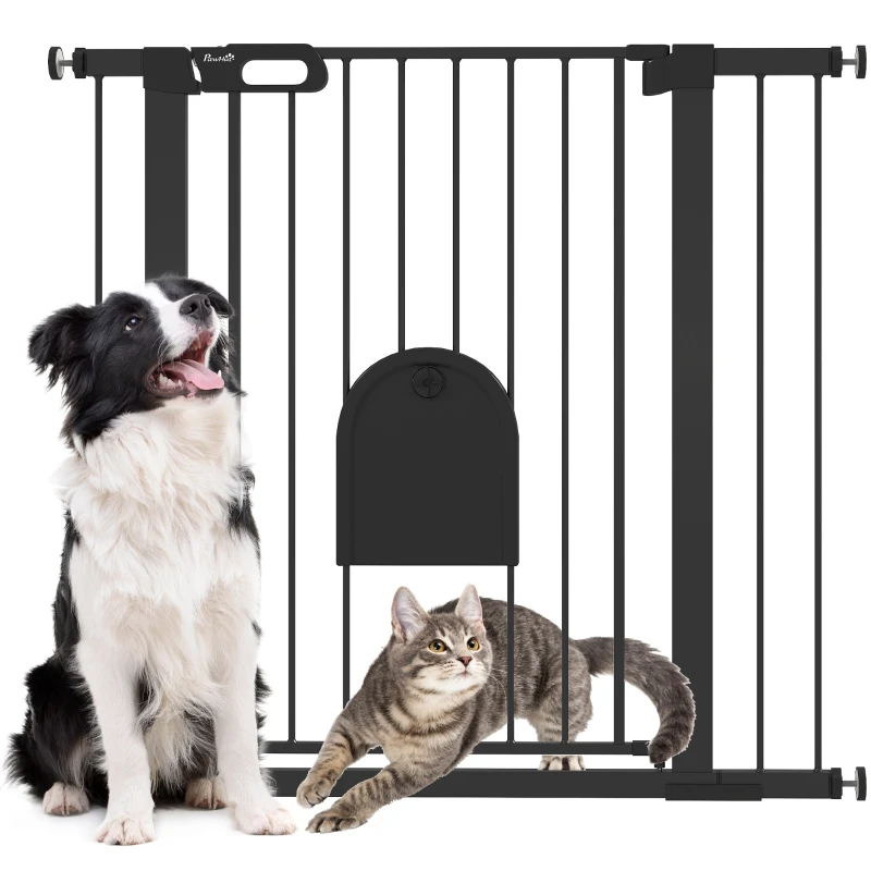 PawHut 30"-41" Extra Wide Pet Gate Barrier with Small Door, 35"H Dog Gate with Safety Gate Barrier, Stair Pressure Fit, Black