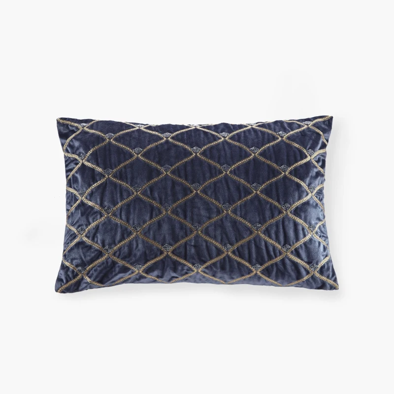 Oblong Decor Pillow with Hand-Beaded Velvet Cover, Removable Goose Feather Insert, Ideal for Bedroom, Living Room, 22" L x 15" W x 5" H, Navy