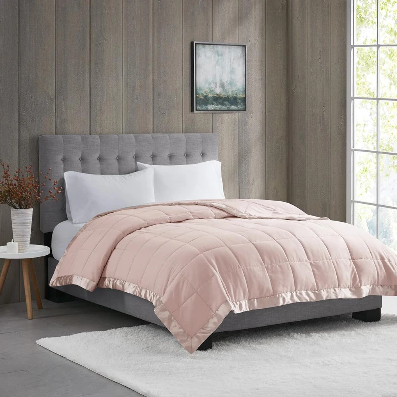 Twin Size Lightweight Down Alternative Blanket with Moisture-Wicking, Satin Trim, Hypoallergenic Polyester, 90" L x 68" W x 0.25" H, Blush