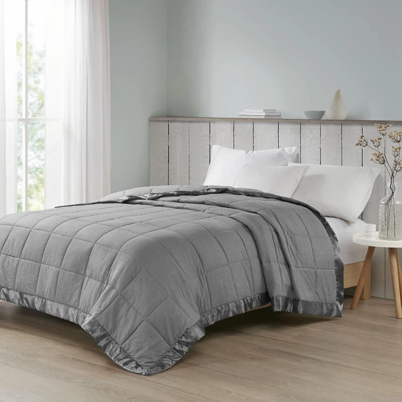 Hypoallergenic Oversized Down Alternative Blanket with Satin Trim, Embossed Texture, for Full and Queen Beds, 96" L x 90" W x 0.25" H, Charcoal