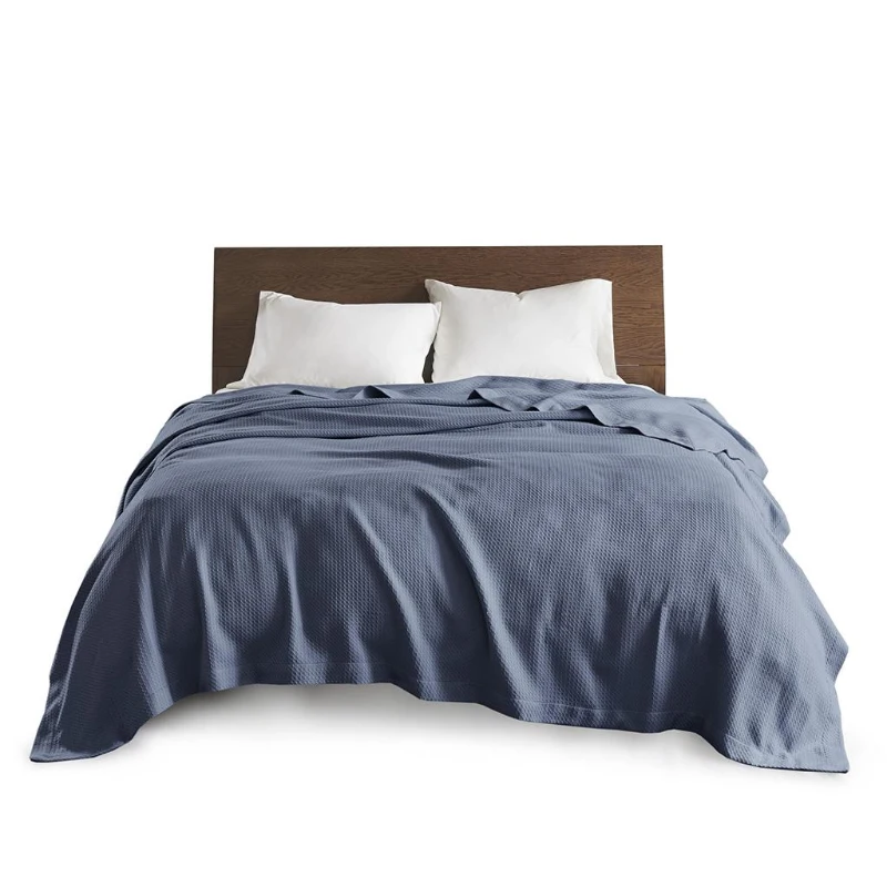 King Size Egyptian Cotton Bedding Blanket with Breathable Weave, OEKO-TEX Certified, Machine Washable Coverlet, 108" L x 90" W x 0.25" H, Blue
