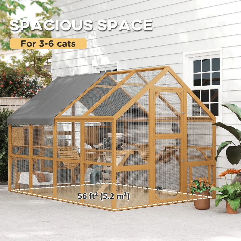 PawHut Wooden Catio Outdoor Cat Enclosure, Large Cat House with Waterproof Cover, 2 Condos, 6 Platforms, Bridge, Doors, Yellow