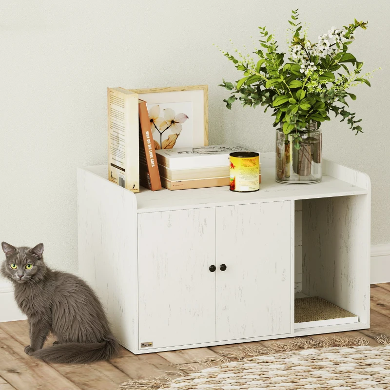 PawHut 32" Cat Litter Box Enclosure with Scratching Mat, Cat Entrance, Fit Most of Cat and Litter Box, Distressed White