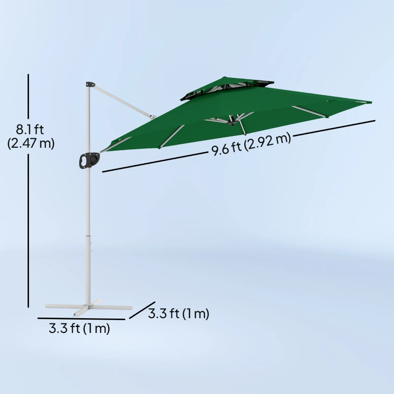 Outsunny 10 FT Cantilever Patio Umbrella with 360° Rotation & Adjustable Height, Cross Base, Crank and Tilt, Dark Green