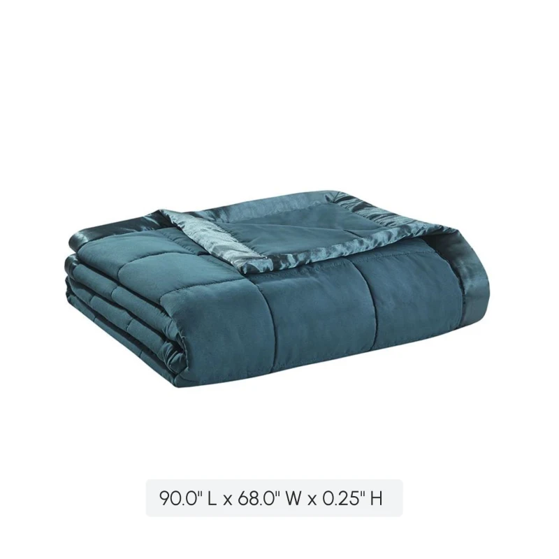 Twin Size Lightweight Down Alternative Blanket with Satin Trim, Hypoallergenic Polyester, Machine Washable, 90" L x 68" W x 0.25" H, Teal