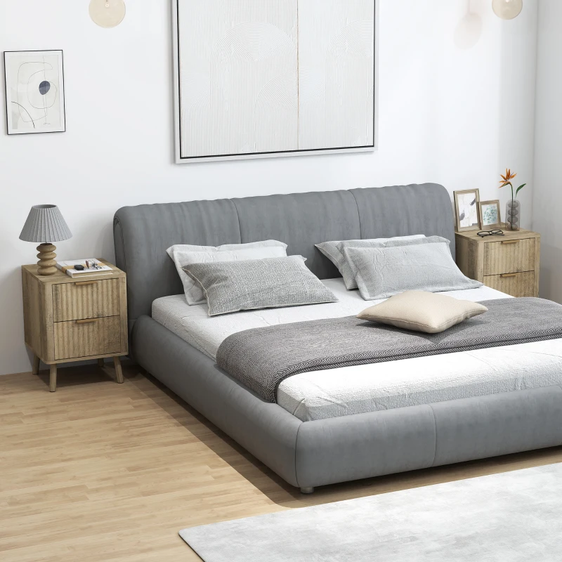 HOMCOM Night Stands Set of 2, Nightstands with Finger Pulls and Fluted Drawers, Bedside Tables with Round Edges, Oak