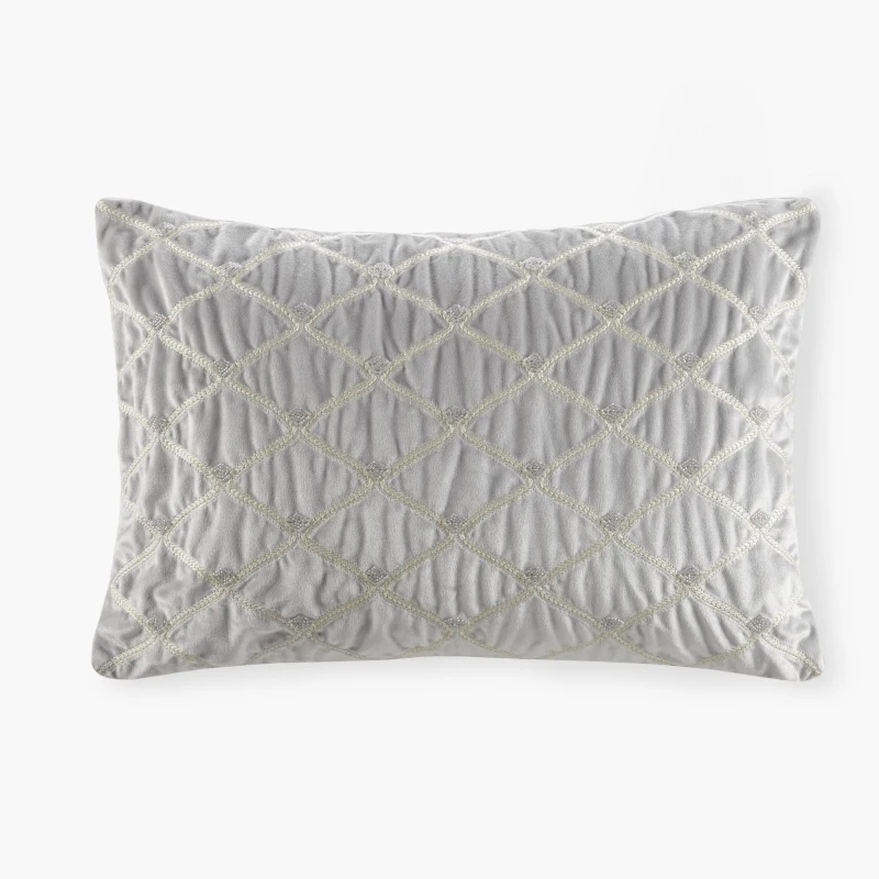 Luxurious Oblong Decor Pillow with Hand-Beaded Velvet Cover, Goose Feather Insert, Ideal for Living Room, Bedroom, 22" L x 15" W x 5" H, Silver