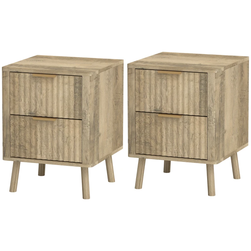 HOMCOM Night Stands Set of 2, Nightstands with Finger Pulls and Fluted Drawers, Bedside Tables with Round Edges, Oak
