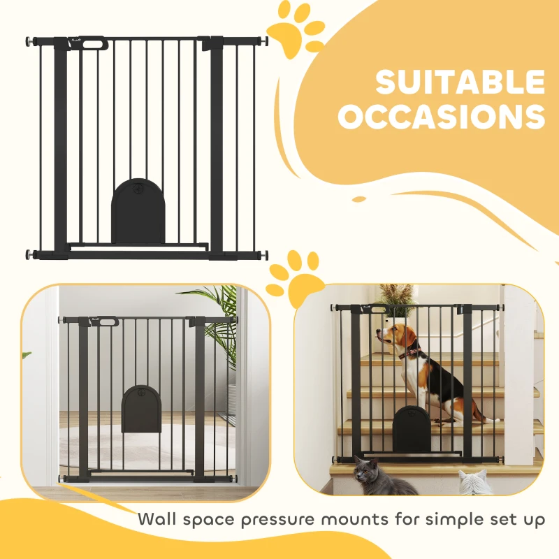 PawHut 30"-41" Extra Wide Pet Gate Barrier with Small Door, 35"H Dog Gate with Safety Gate Barrier, Stair Pressure Fit, Black