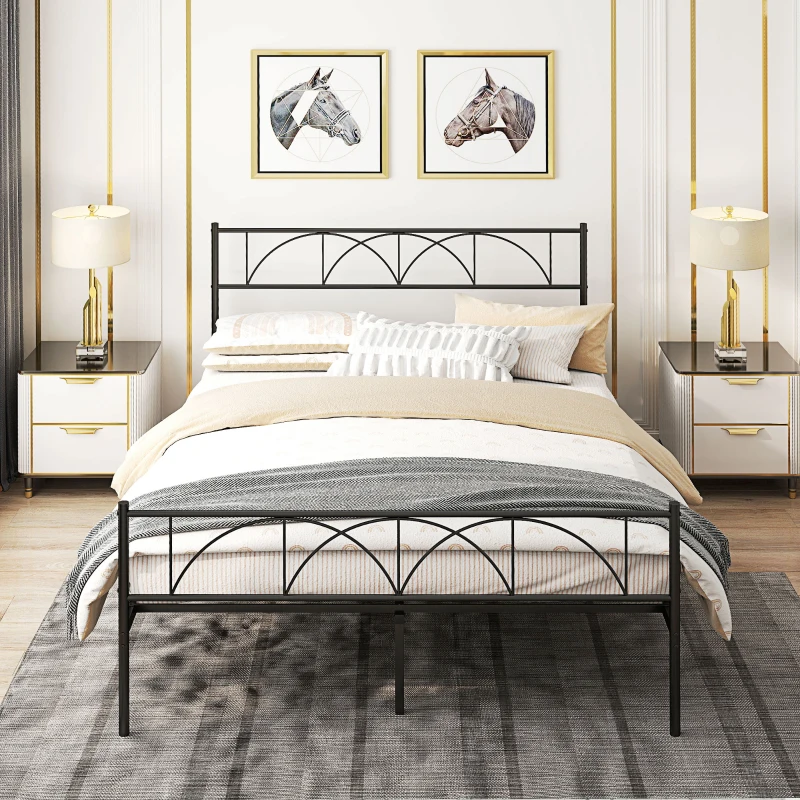 HOMCOM Metal Queen Platform Bed Frame with Headboard, Steel Slat Support, Underbed Storage, No Box Spring Needed, Easy Assembly