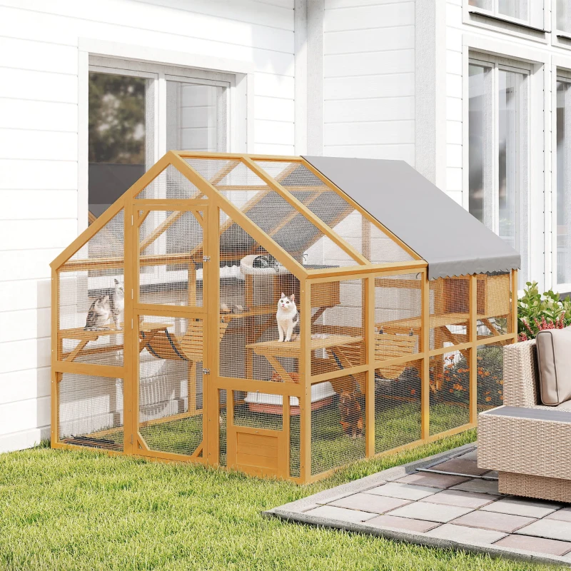 PawHut Wooden Catio Outdoor Cat Enclosure, Large Cat House with Waterproof Cover, 2 Condos, 6 Platforms, Bridge, Doors, Yellow