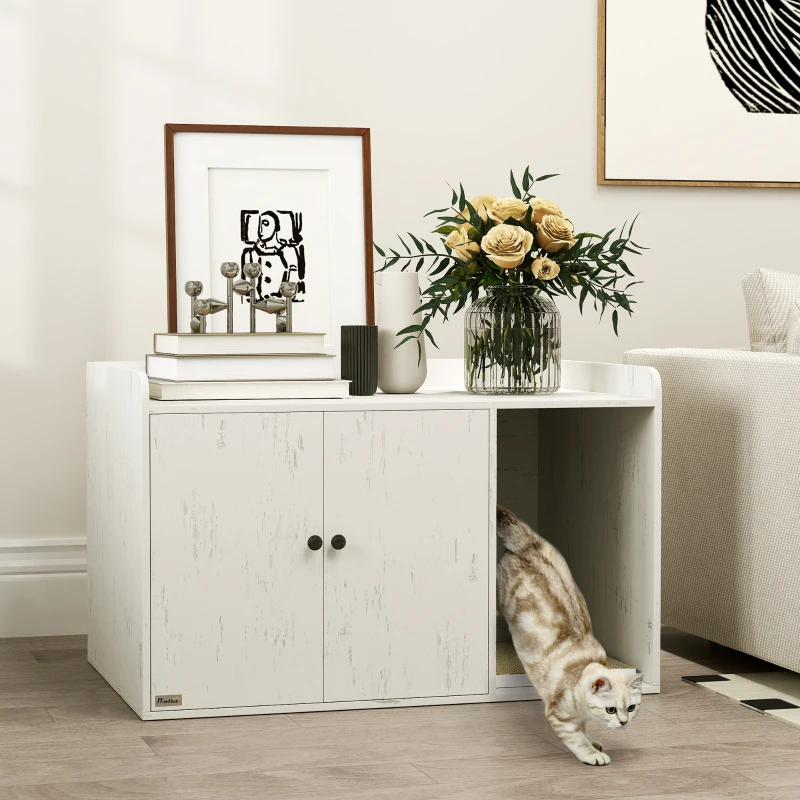 PawHut 32" Cat Litter Box Enclosure with Scratching Mat, Cat Entrance, Fit Most of Cat and Litter Box, Distressed White