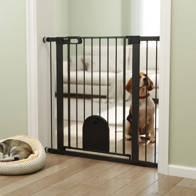 PawHut 30"-41" Extra Wide Pet Gate Barrier with Small Door, 35"H Dog Gate with Safety Gate Barrier, Stair Pressure Fit, Black