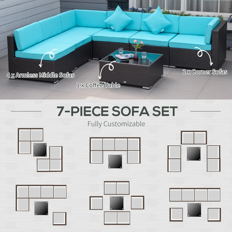 Outsunny 7 Pieces Patio Sofa Outdoor Wicker Sectional Patio Furniture, Deep Coffee & Light Blue