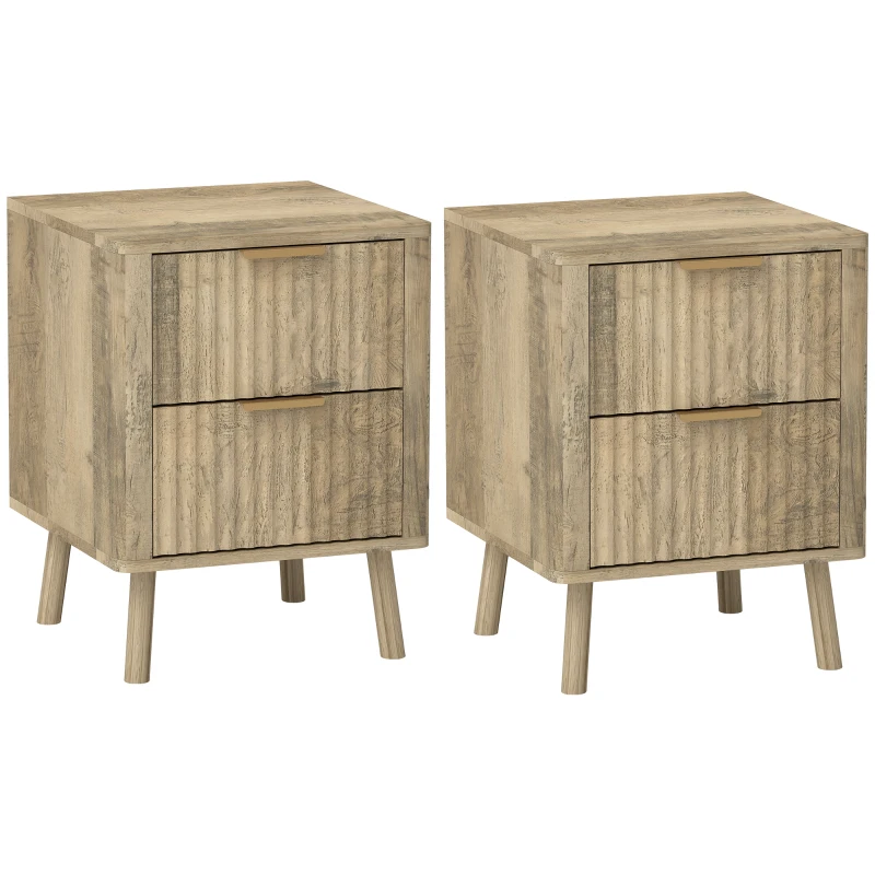 HOMCOM Night Stands Set of 2, Nightstands with Finger Pulls and Fluted Drawers, Bedside Tables with Round Edges, Oak
