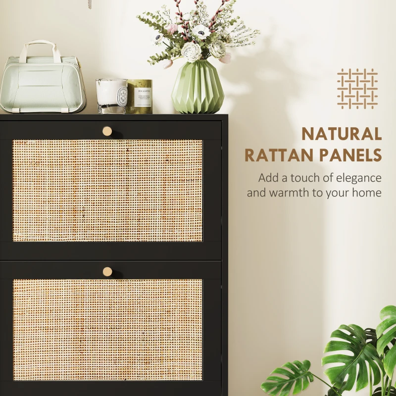 HOMCOM Rattan Shoe Storage Cabinet with 3 Flip Drawers and Adjustable Shelves, Entryway Shoe Cabinet for 18 Pairs, Black